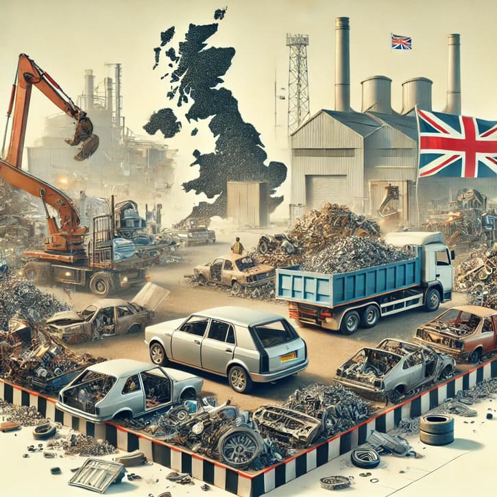 A visually appealing featured image representing the impact of scrap cars on the UK economy. The image should depict a scrapyard with old, decommissio