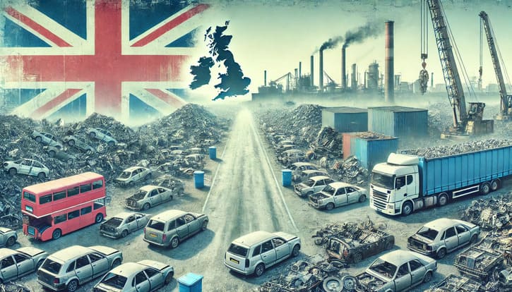 A wide landscape image of a scrapyard with decommissioned cars being dismantled for recycling. The scene includes piles of metal parts and industrial